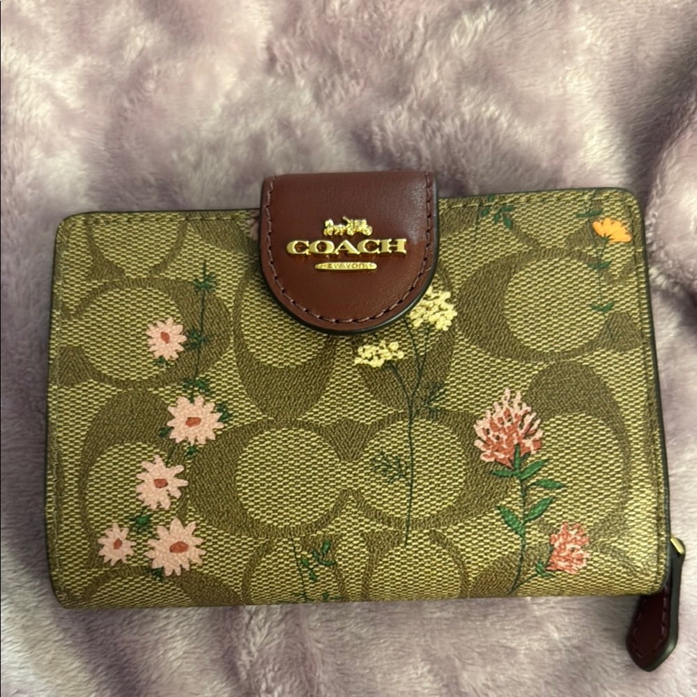 Coach Brown and Green Wallet with Floral Design